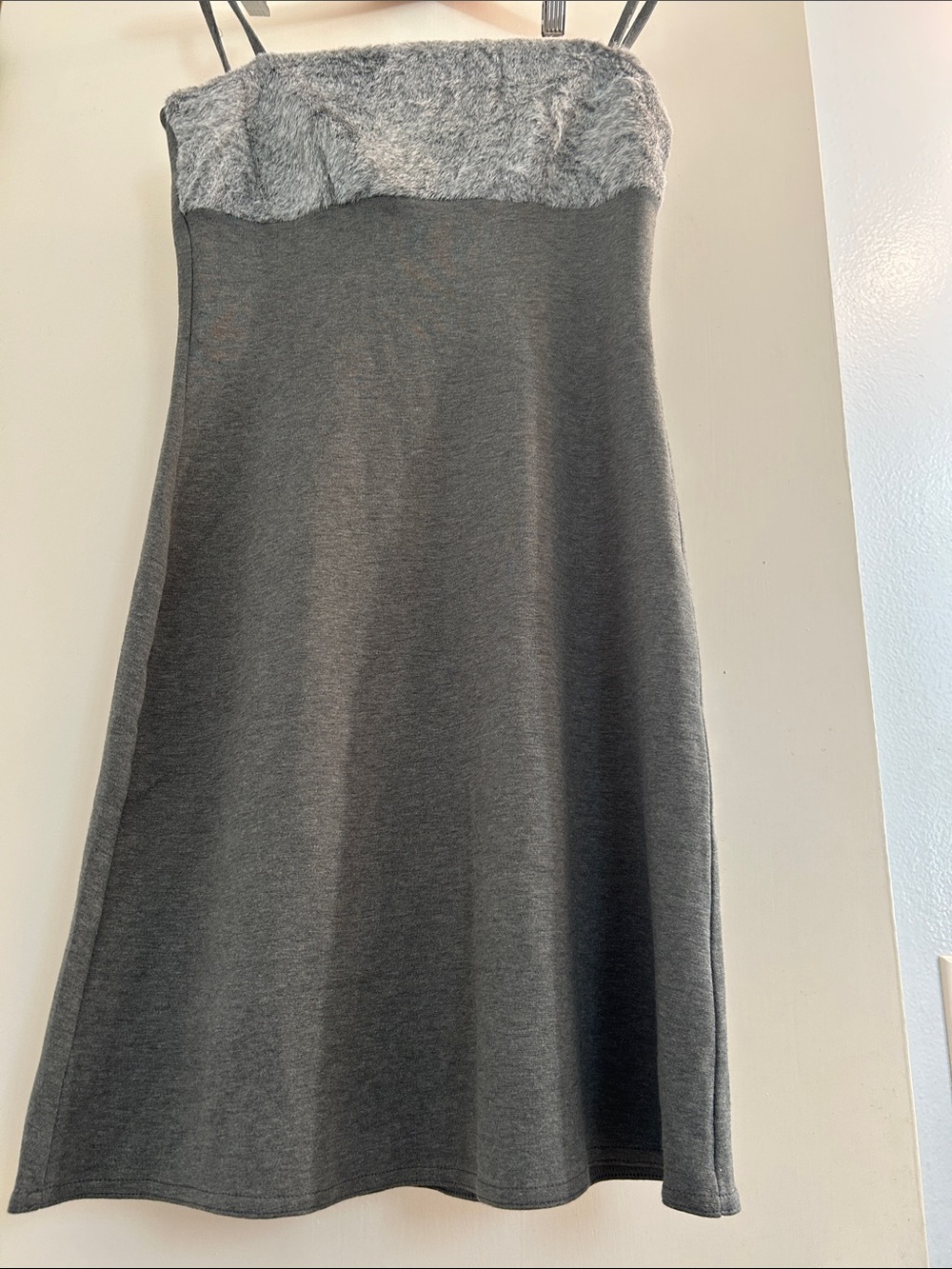 Morgan de Toi Strapless Charcoal Grey Mini Dress with Faux Fur Trim